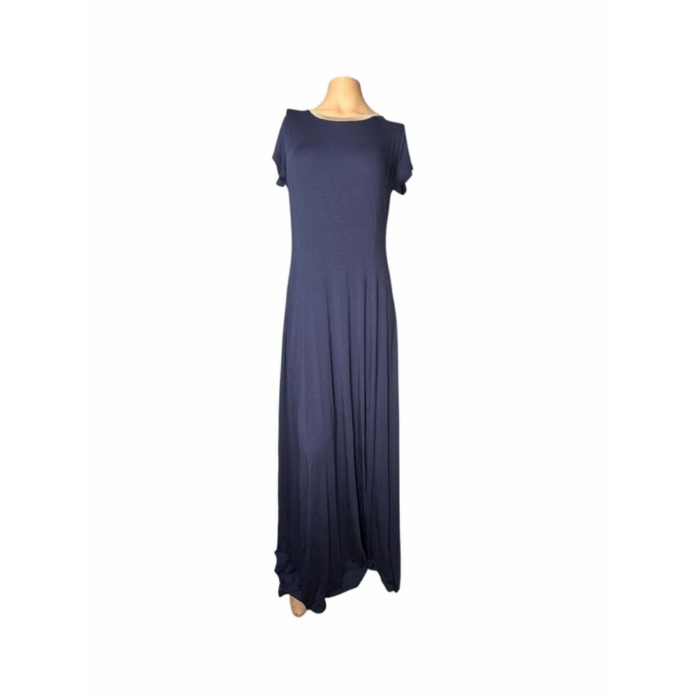 Michael Michael Kors Navy Full Length Cap Sleeve Dress Gold Trim Side Slit M NWT
